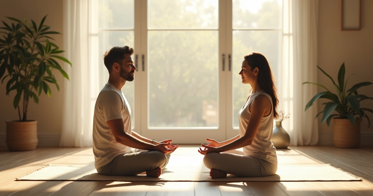Duas pessoas sentadas em silêncio em posição de meditação 
