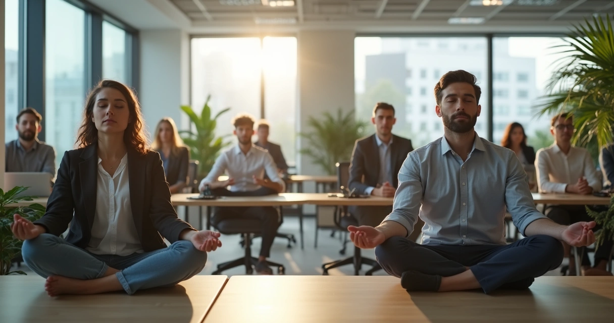 Profissionais meditando em silêncio em ambiente de trabalho calmo 