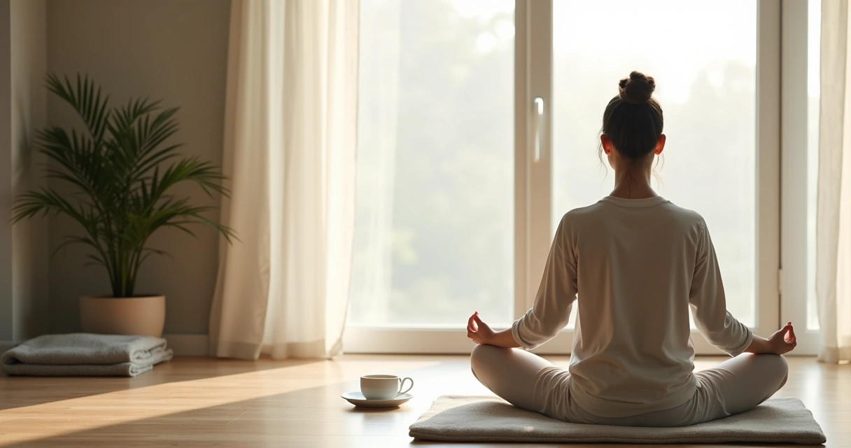 Pessoa sentada em meditação perto da janela com luz suave