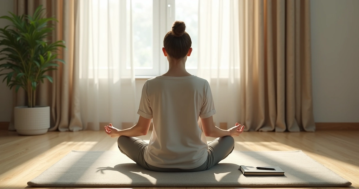 Pessoa sentada em meditação em quarto com luz suave e caderno ao lado 