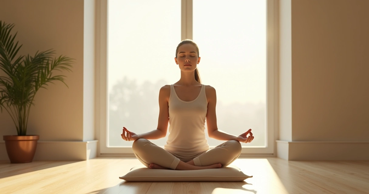 Pessoa sentada meditando perto de janela com luz suave 