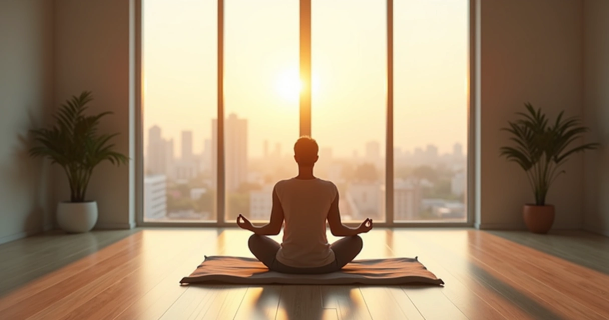 Pessoa meditando em silêncio em sala moderna iluminada pelo nascer do sol 