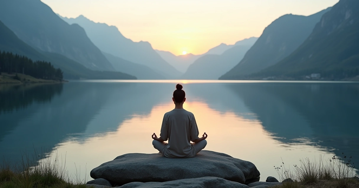 Pessoa sentada em meditação silenciosa diante de montanhas ao amanhecer 