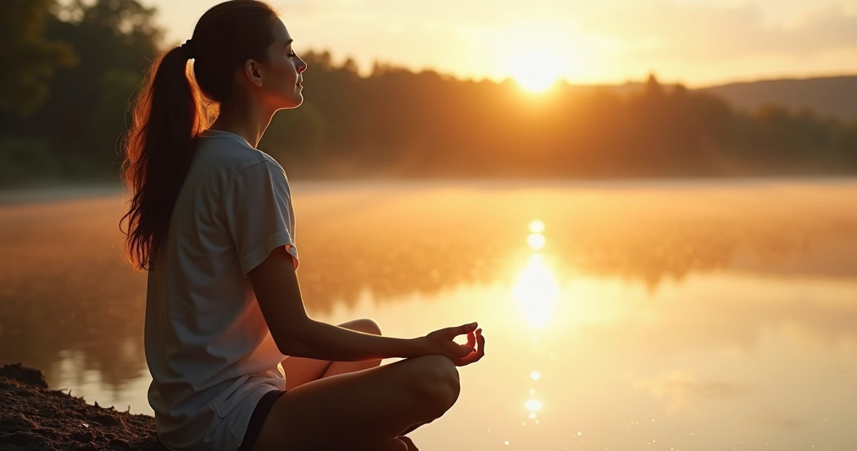 Pessoa sentada de pernas cruzadas meditando silenciosamente à beira de um lago tranquilo