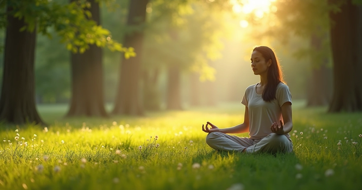 Pessoa sentada em atitude meditativa em meio à natureza 