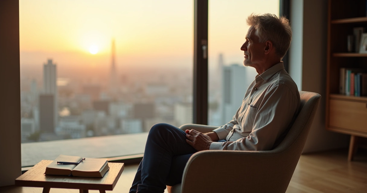 Pessoa sentada em silêncio olhando pela janela com luz suave 