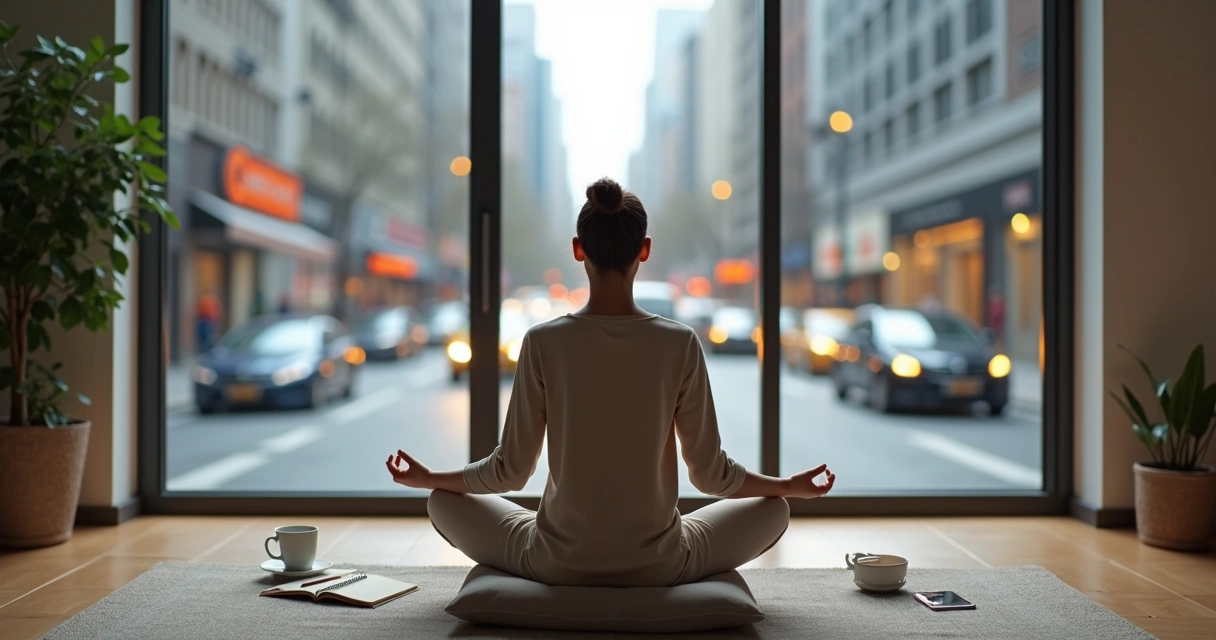 Pessoa meditando em silêncio em meio a cidade movimentada 