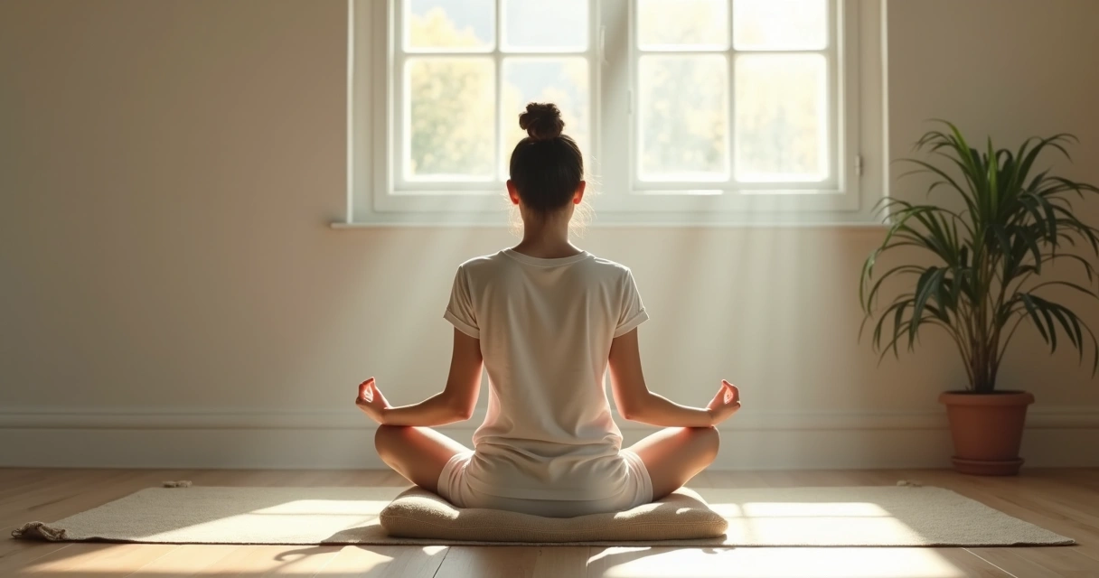 Pessoa sentada em posição de meditação em ambiente tranquilo predomina iluminação suave 