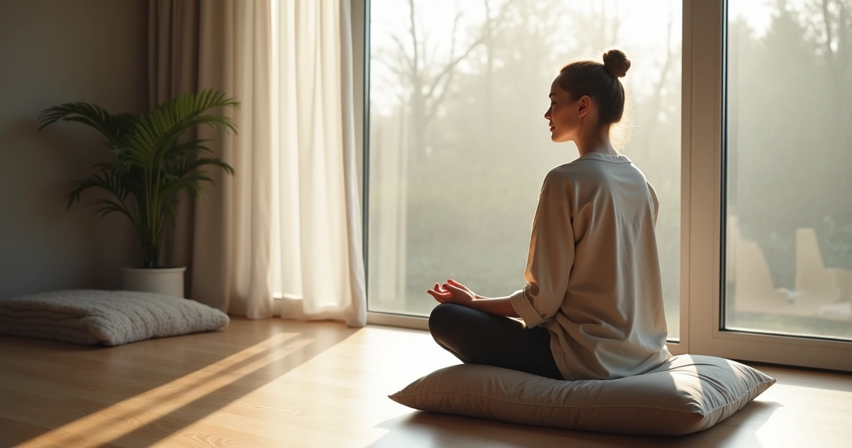 Pessoa sentada em meditação perto da janela com luz suave 