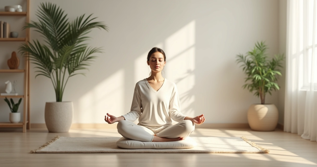 Pessoa sentada em silêncio em uma sala, praticando meditação 