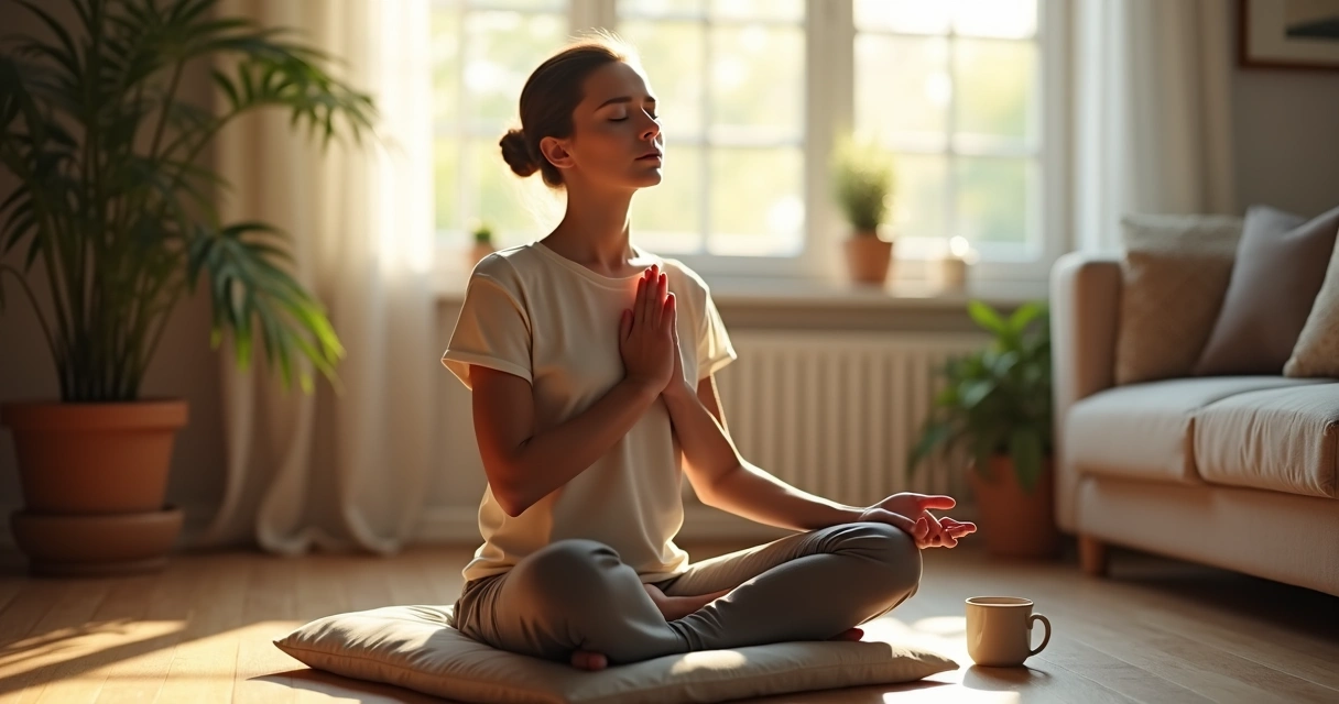 Pessoa sentada em posição confortável praticando meditação em um ambiente tranquilo em casa
