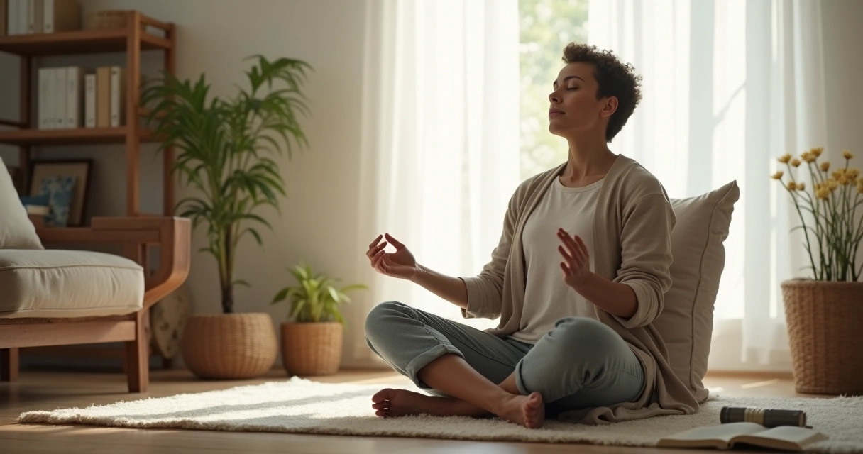 Pessoa sentada calmamente em cadeira, praticando presença consciente. 