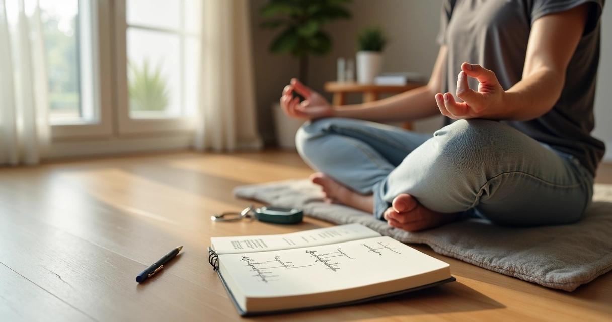 Pessoa meditando sentada em casa com caderno e esquema organizado ao lado 