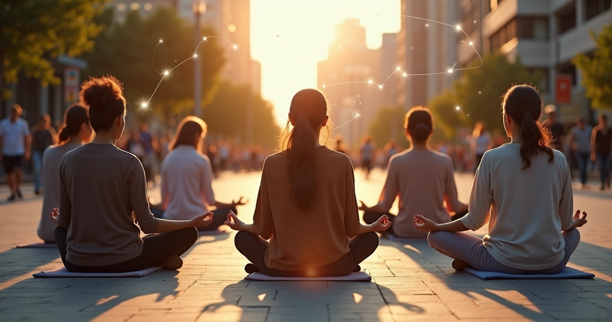 Grupo diverso meditando em círculo em meio urbano com conexões sutis entre as pessoas 