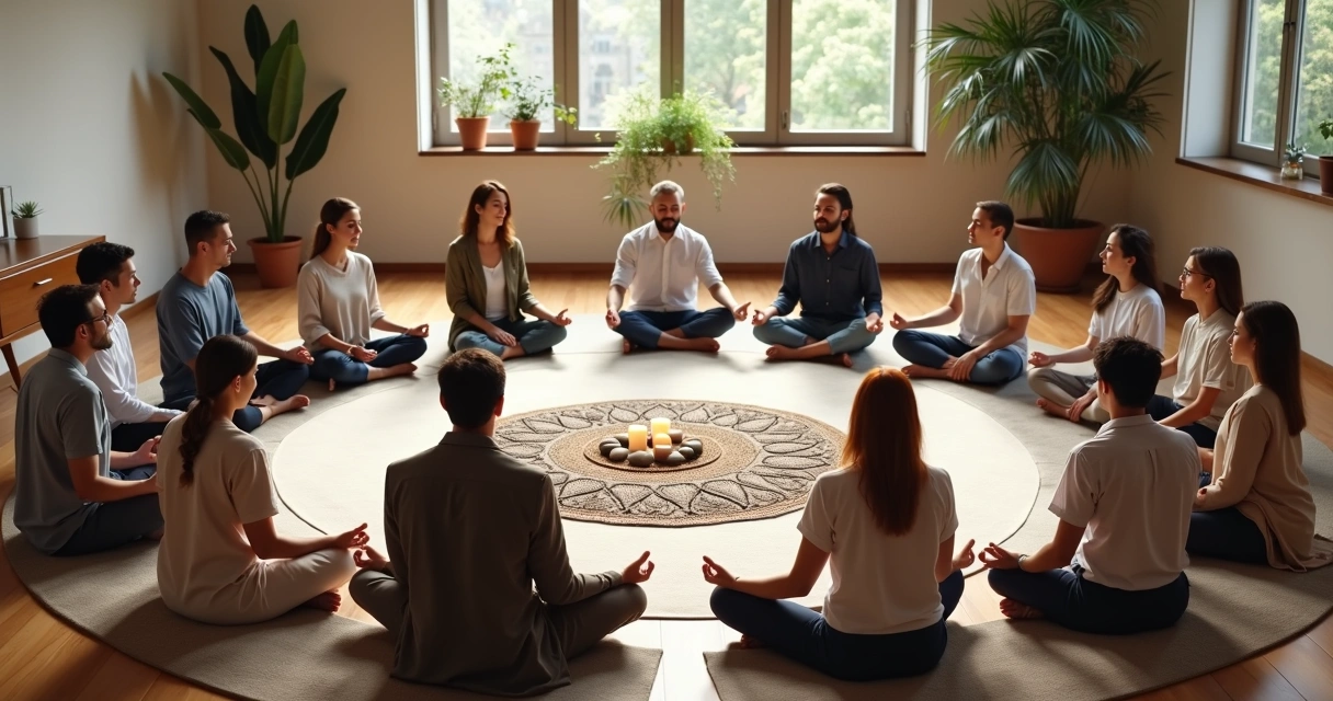 Grupo misto de equipe e família em círculo meditando em ambiente acolhedor 