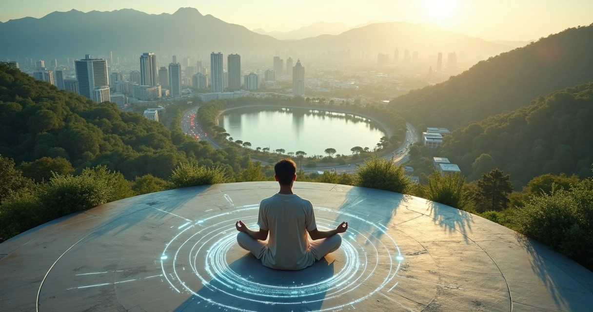 Pessoa meditando vista de cima conectada por linhas a cidade e natureza ao redor 