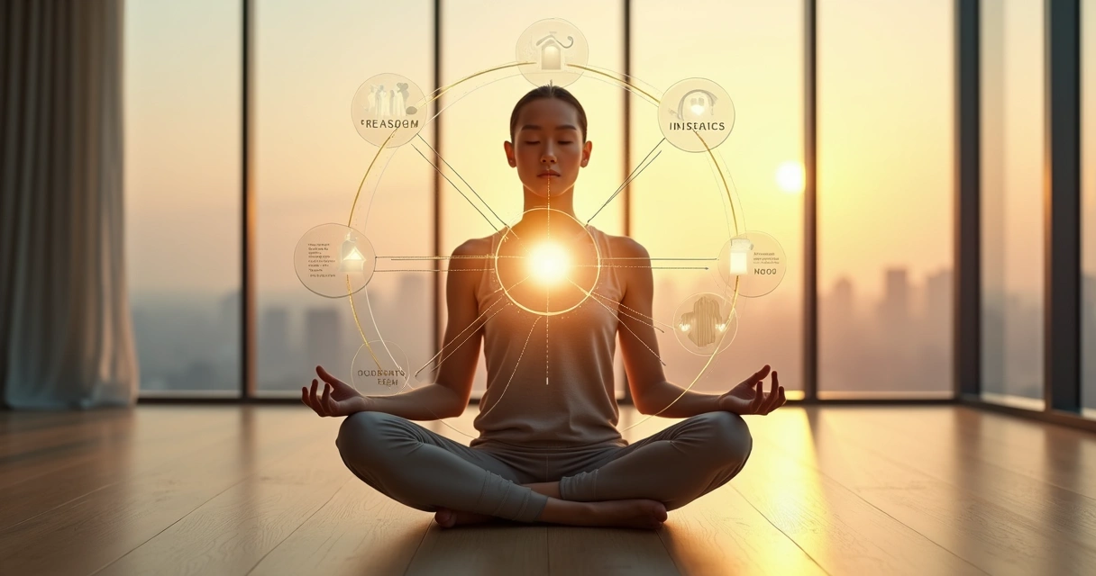 Pessoa meditando em posição de lótus cercada por conexões que simbolizam decisões interligadas 