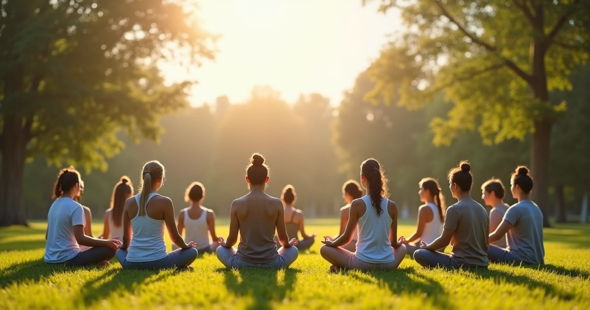 Grupo de pessoas em círculo praticando meditação juntos ao ar livre 