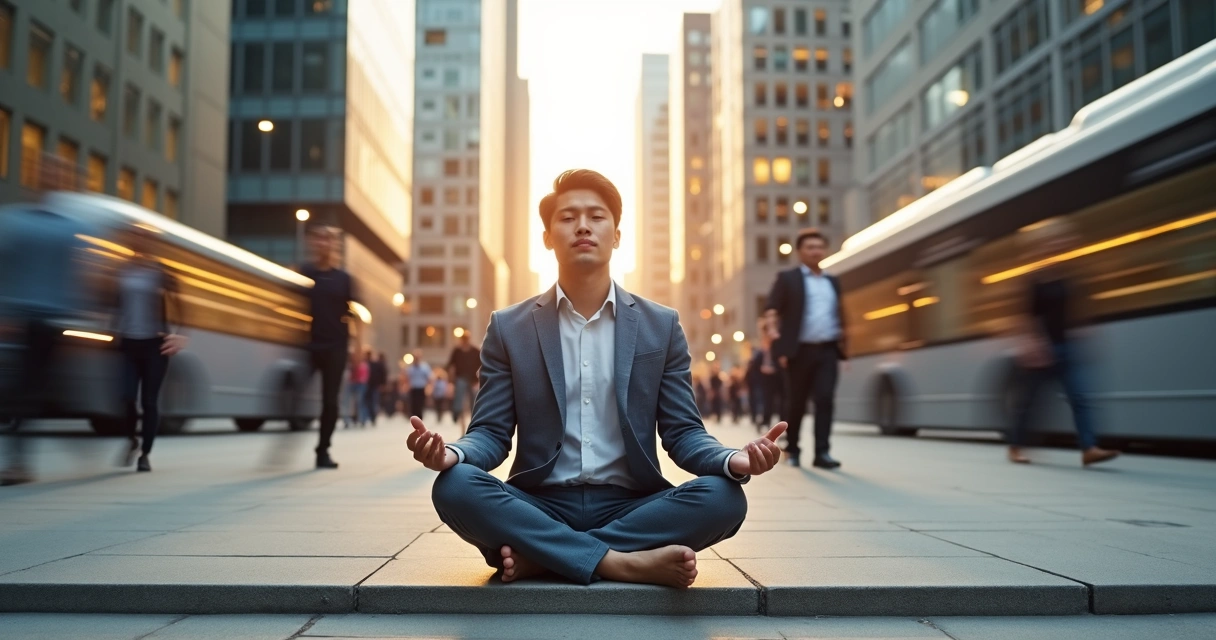 Executivo sentado meditando em meio a cidade movimentada ao entardecer 