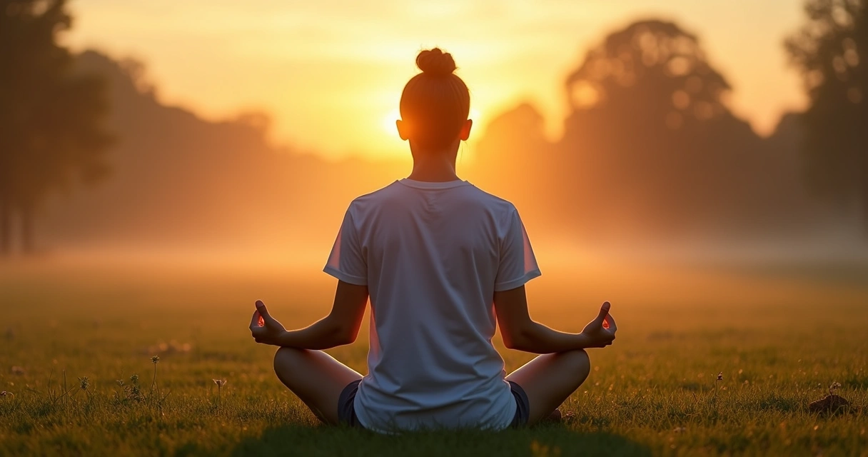 Pessoa sentada em meditação ao nascer do sol, ambiente sereno ao ar livre, luz dourada ao fundo 