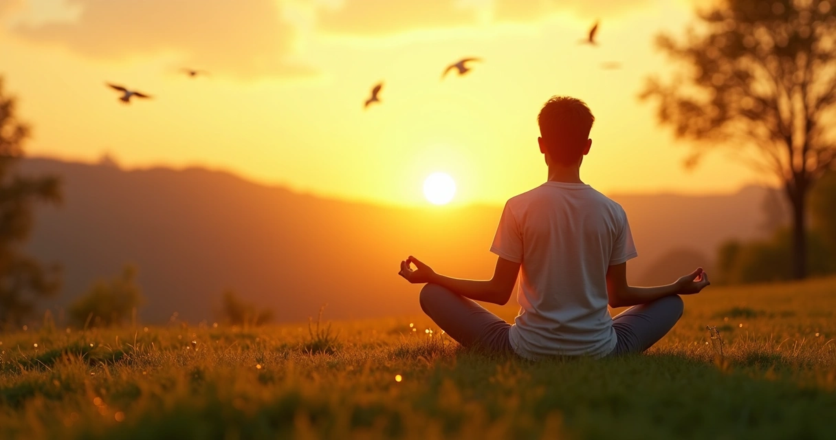 Pessoa meditando sentada ao ar livre no nascer do sol 