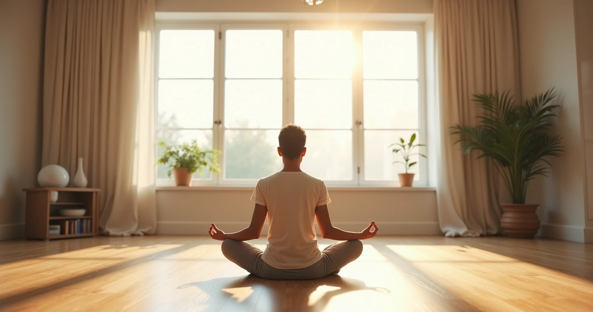 Pessoa praticando meditação sozinha em ambiente tranquilo