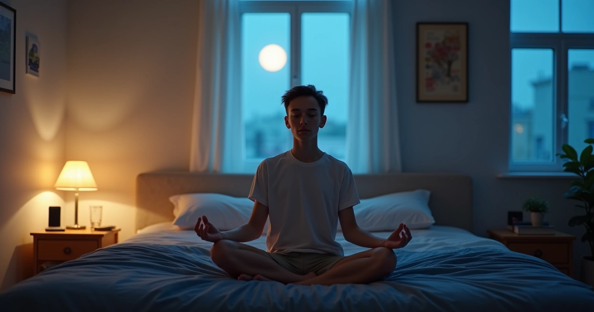 Adolescente meditando sentado na cama antes de dormir em um quarto escuro e aconchegante 