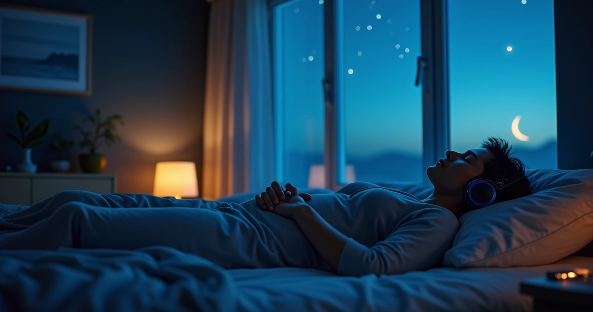 Pessoa meditando deitada em quarto escuro com luz azul suave e estrelas na janela 
