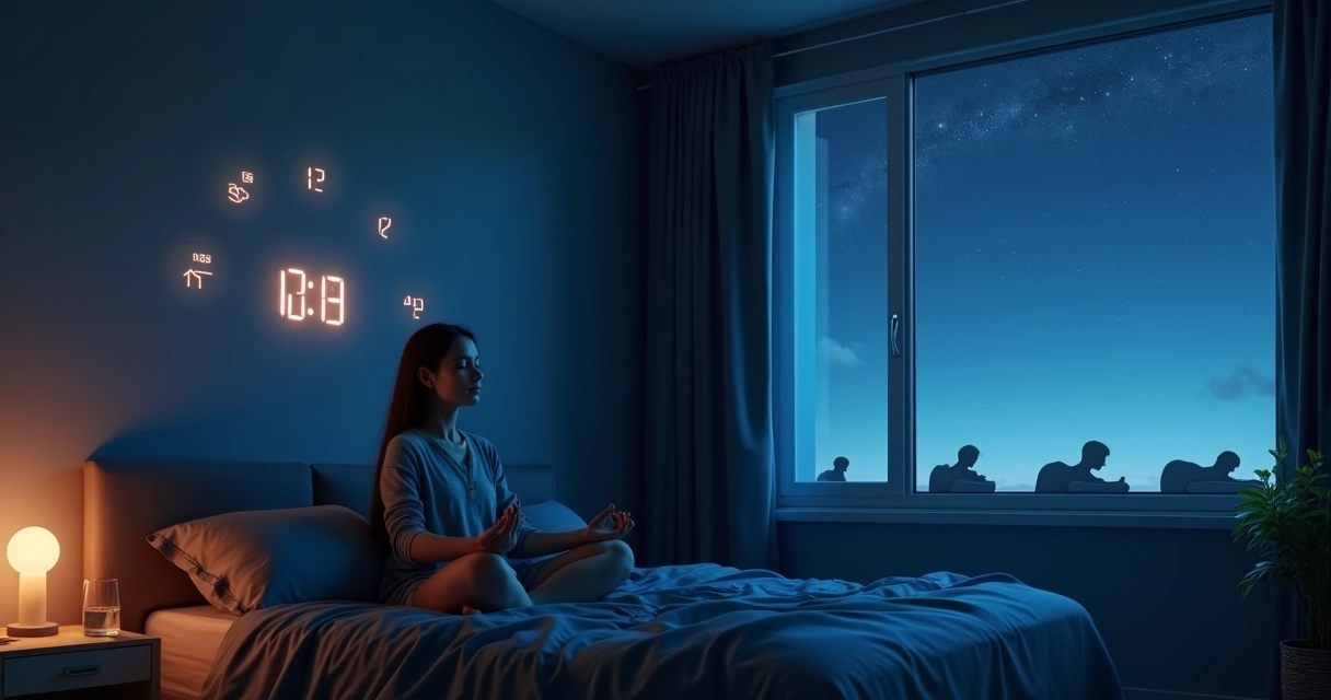 Pessoa em postura de meditação refletida em várias fases de sono em quarto escuro e estrelado 