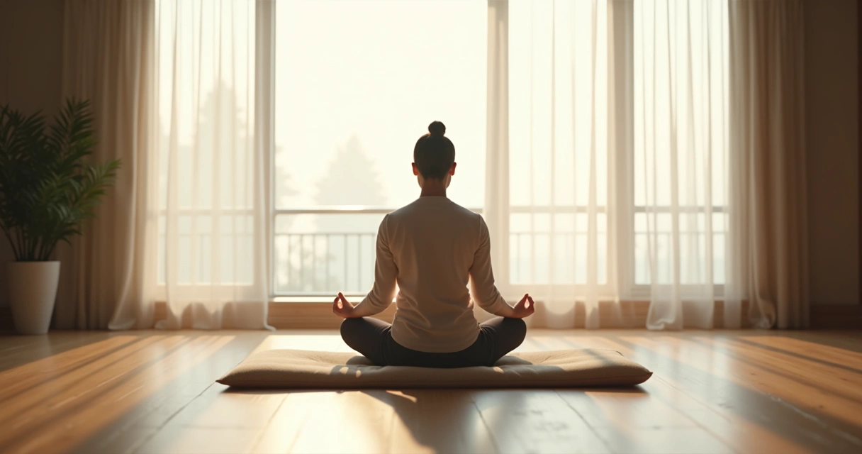 Pessoa sentada meditando perto de uma janela com luz suave 
