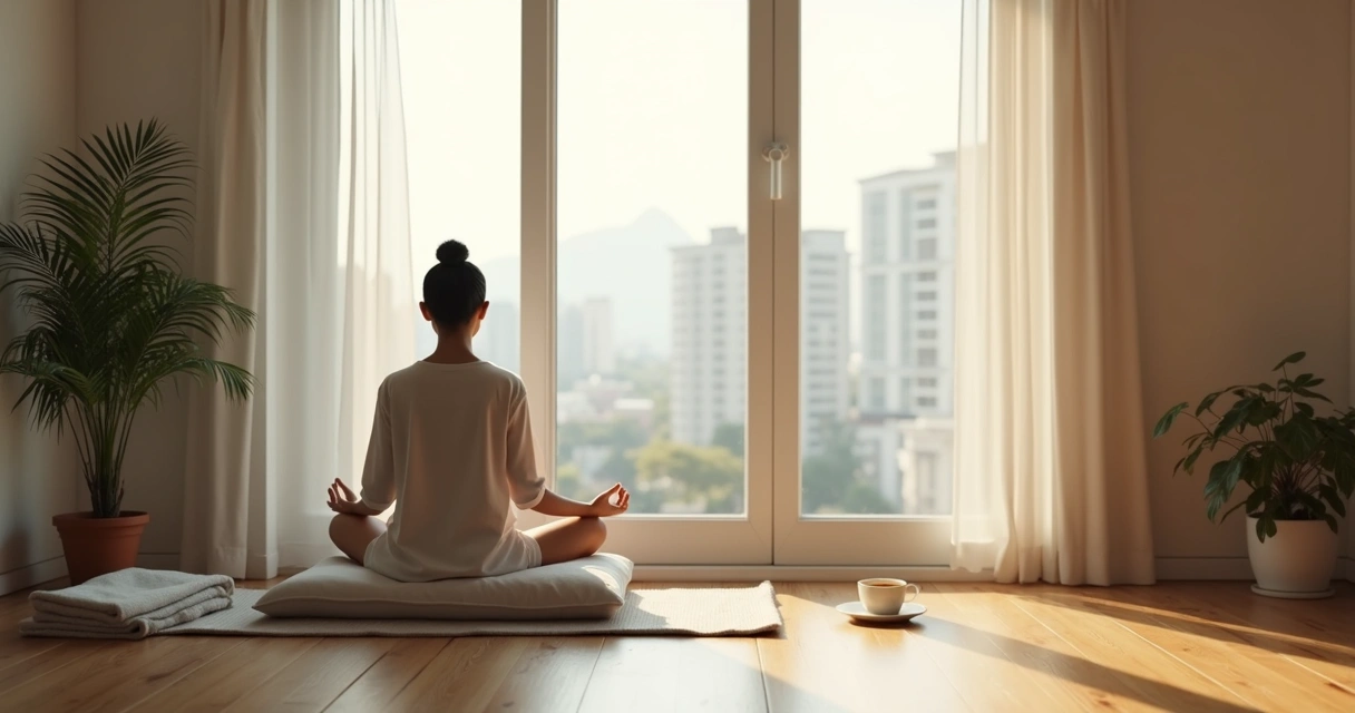 Pessoa meditando sozinha perto da janela