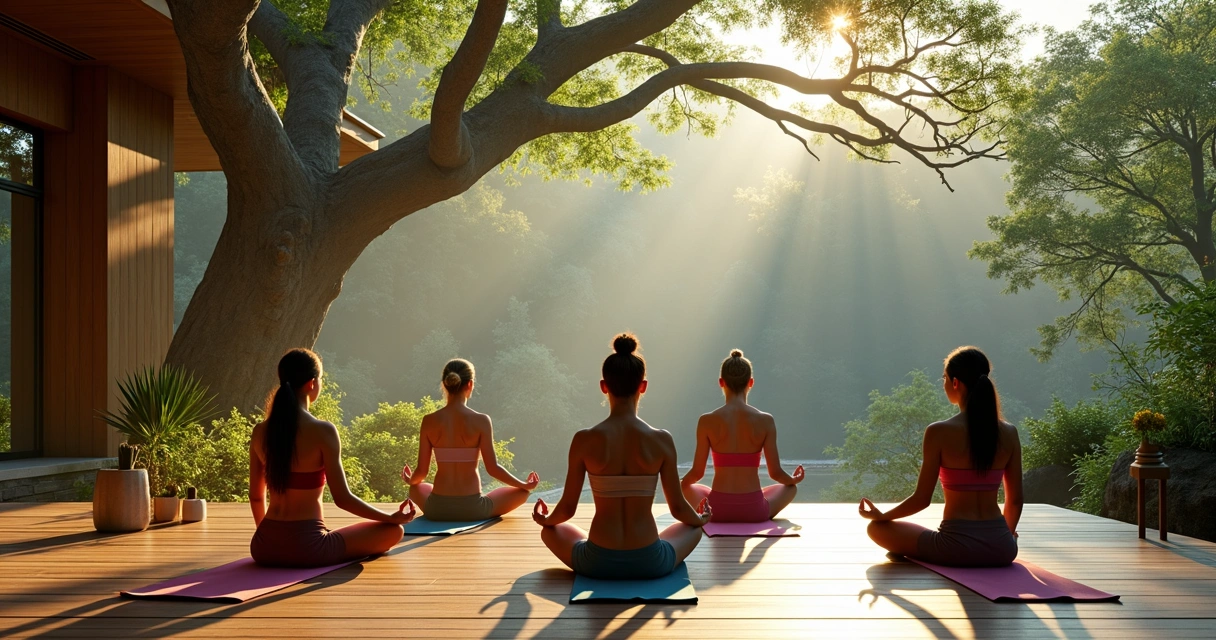 Meditação guiada no deck de madeira em área verde 