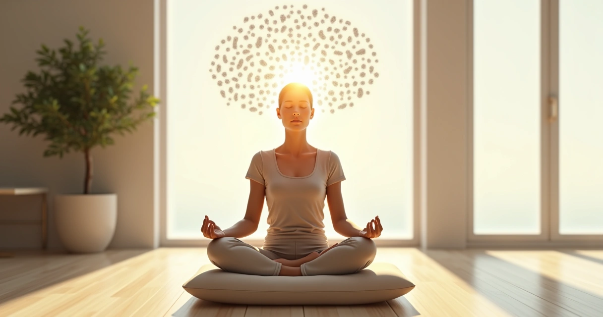 Pessoa em meditação profunda superando pensamentos de autojulgamento 