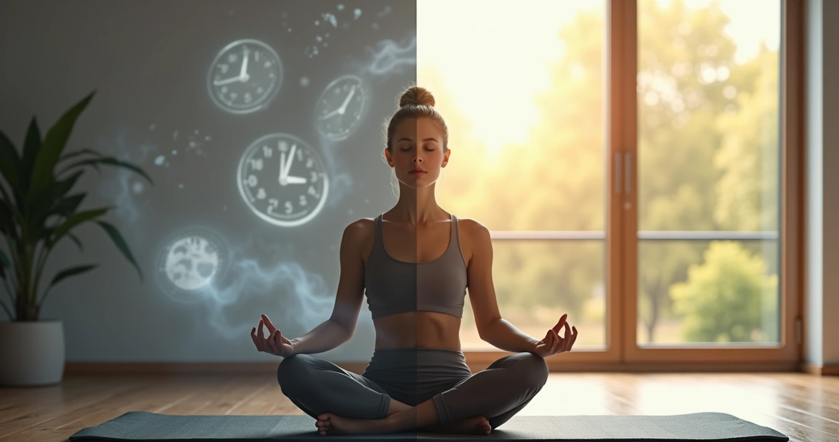 Pessoa meditando em posição de lótus com pensamentos turbulentos se transformando em calma ao fundo 