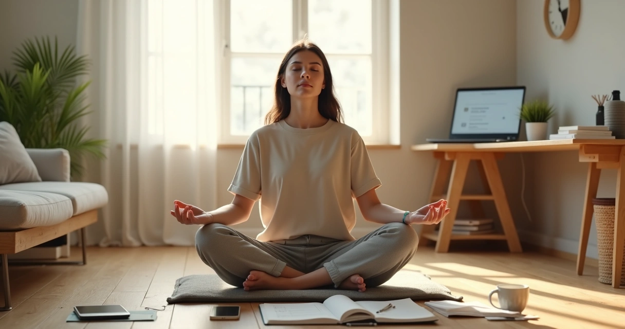 Pessoa meditando em casa com tarefas pendentes no fundo 