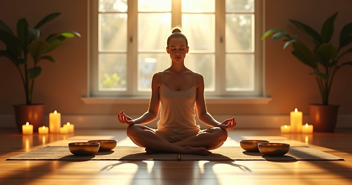 Pessoa meditando em ambiente tranquilo com taças tibetanas ao redor 