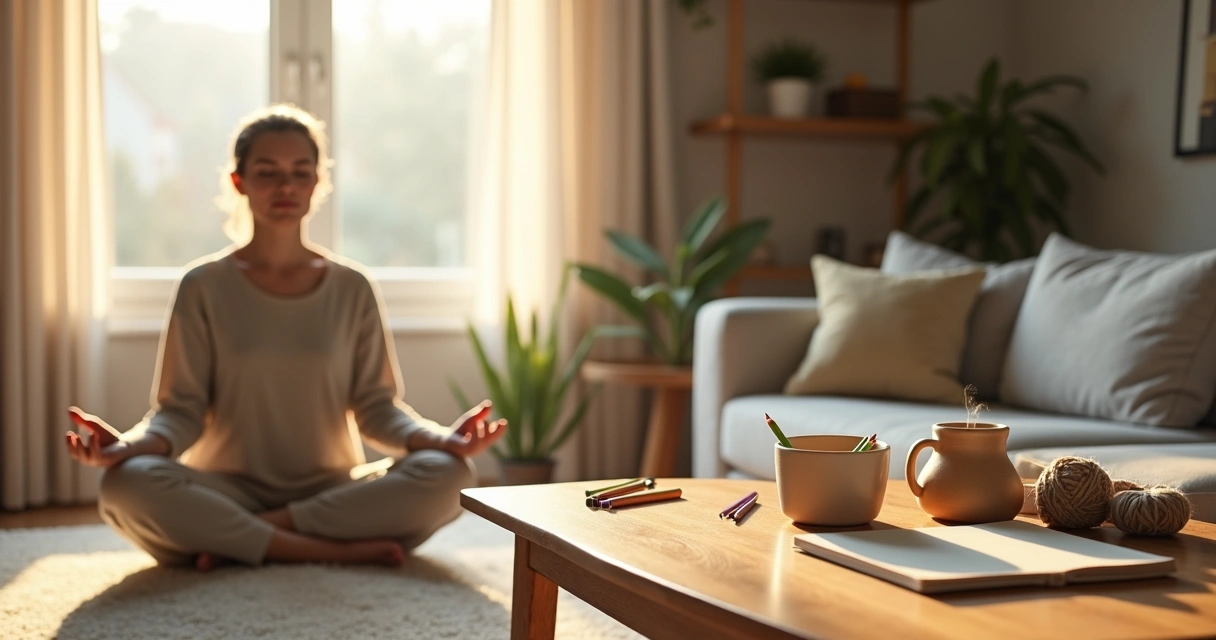 Pessoa meditando em casa ao lado de mesa com materiais de artesanato 