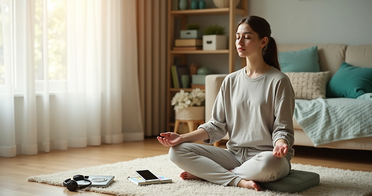 Pessoa com TDAH meditando em casa com objetos de organização ao redor 