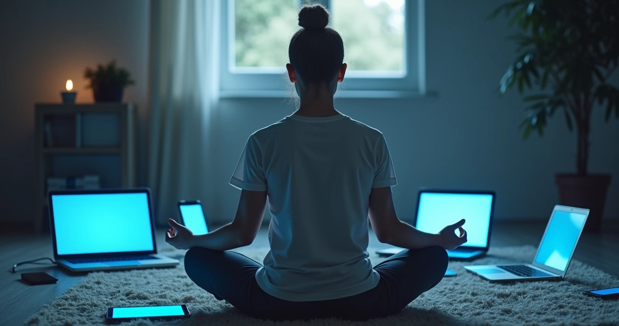 Pessoa sentada de pernas cruzadas meditando, cercada por telas e aparelhos digitais 