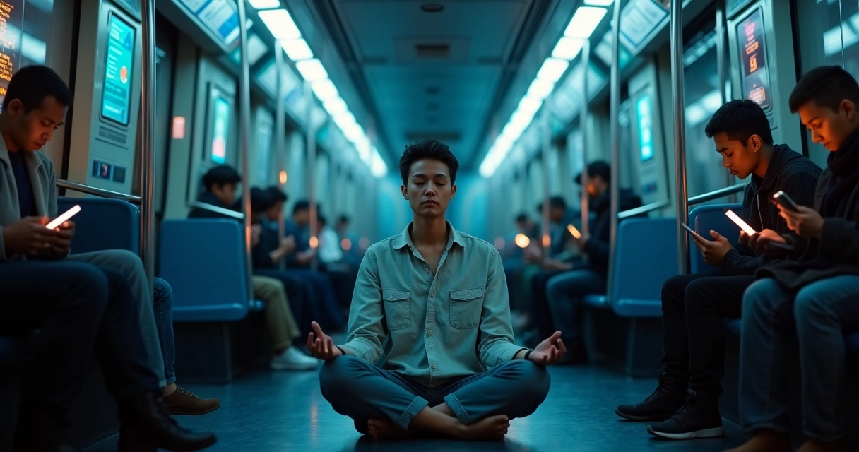 Pessoa meditando em metrô escuro com telas digitais desfocadas atrás 