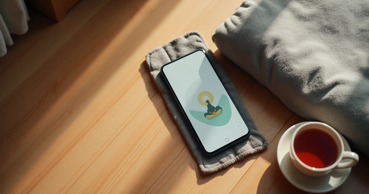 Celular com prática guiada ao lado de tapete de meditação