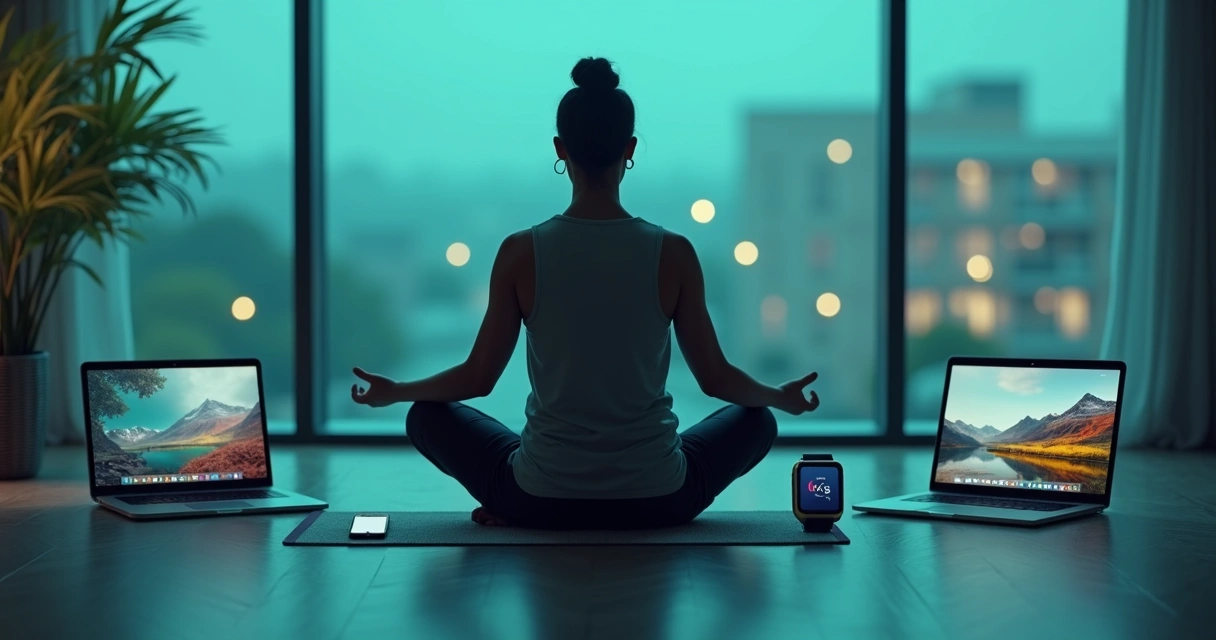 Pessoa meditando, cercada por dispositivos tecnológicos
