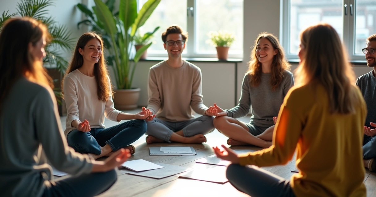 Grupo de pessoas em um escritório sentado em círculo meditando 
