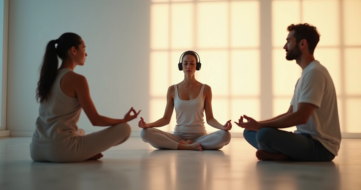 Três pessoas meditando em posições diferentes, mostrando diversidade de técnicas 