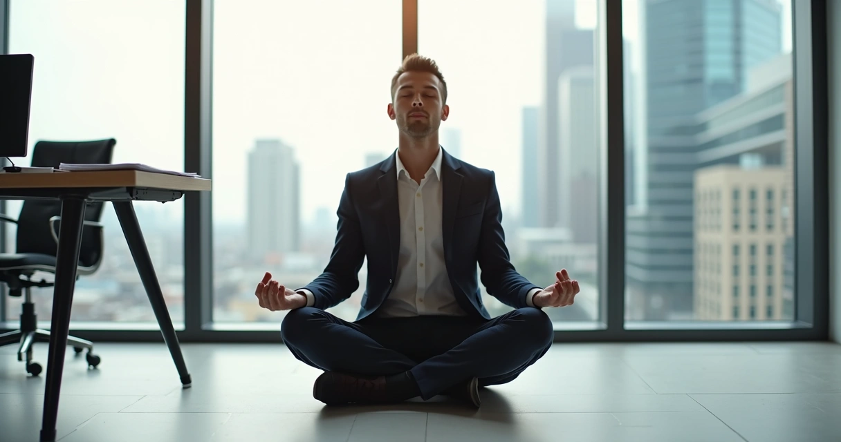Pessoa sentada em posição meditativa em ambiente de trabalho 