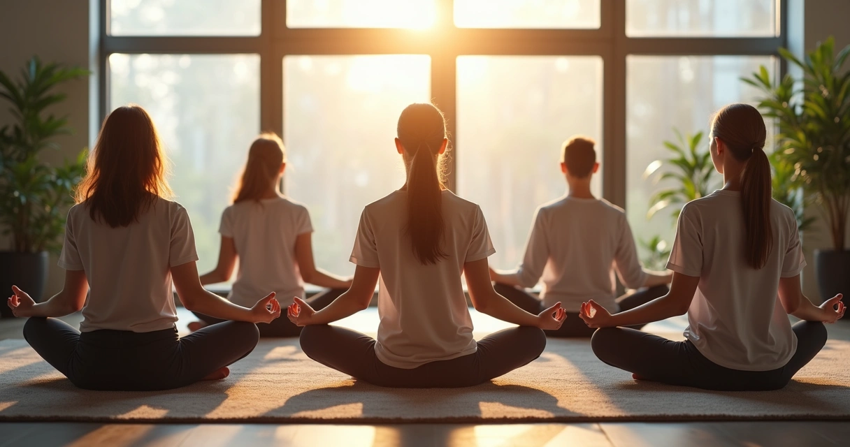 Equipe de escritório sentada em círculo em sala iluminada, praticando meditação juntos