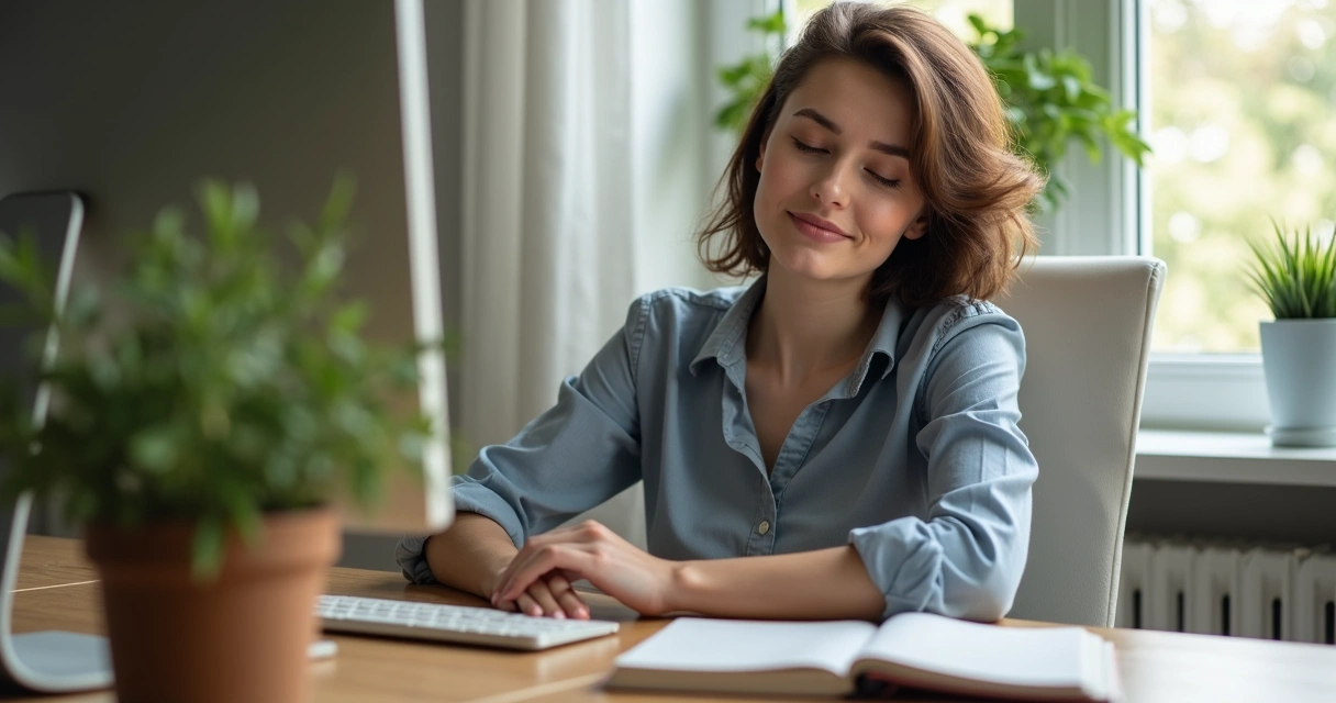 Pessoa sentada em frente ao computador com expressão serena