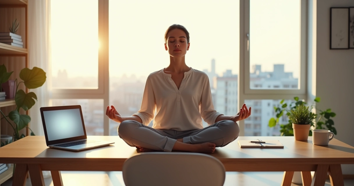 Profissional em home office meditando em frente ao notebook 