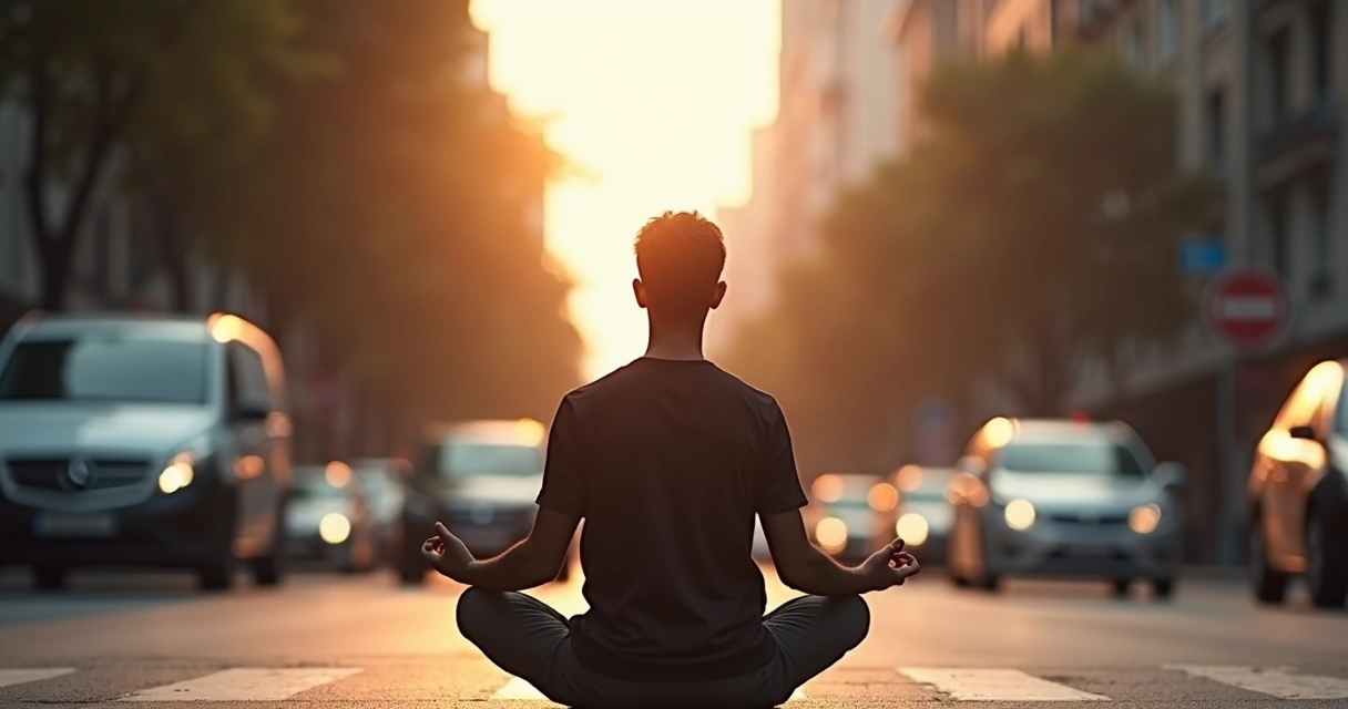 Pessoa meditando em meio ao trânsito da cidade