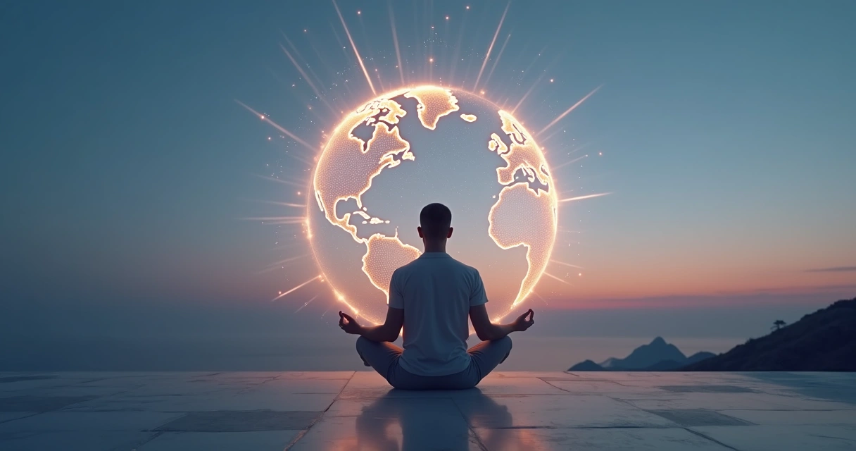 Pessoa meditando diante de um globo luminoso conectado por linhas de luz 